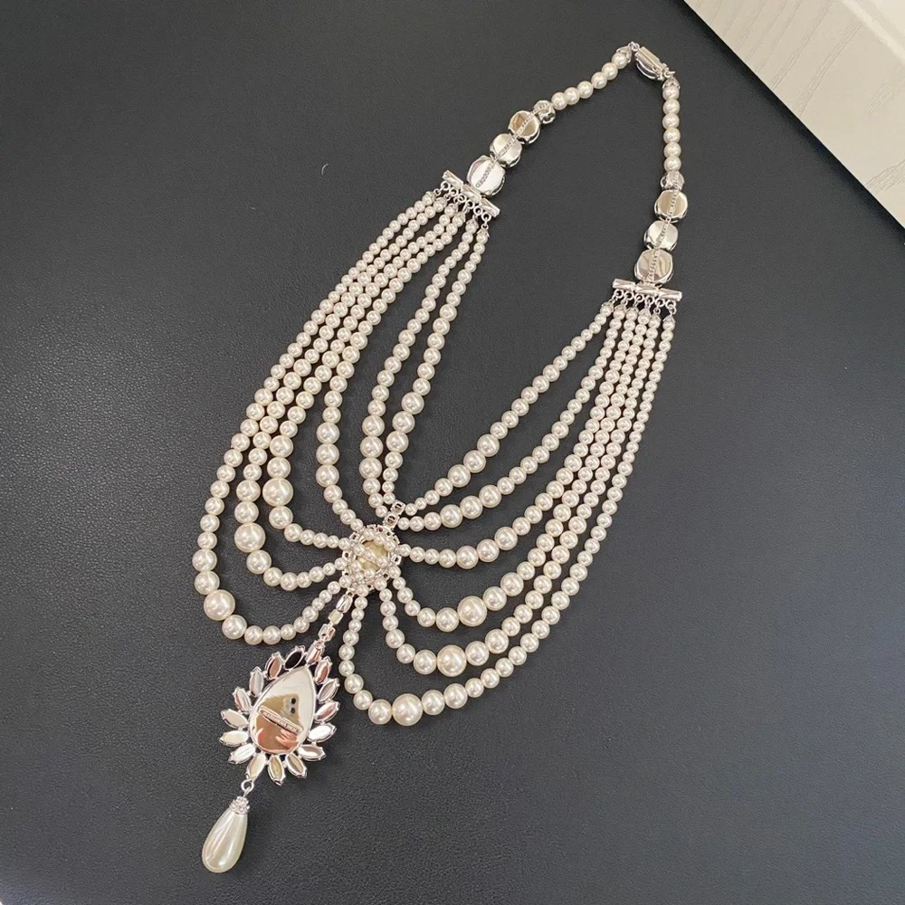 Alessandra Rich Ivory Pearl Multi-Strand Necklace with Crystal Drop